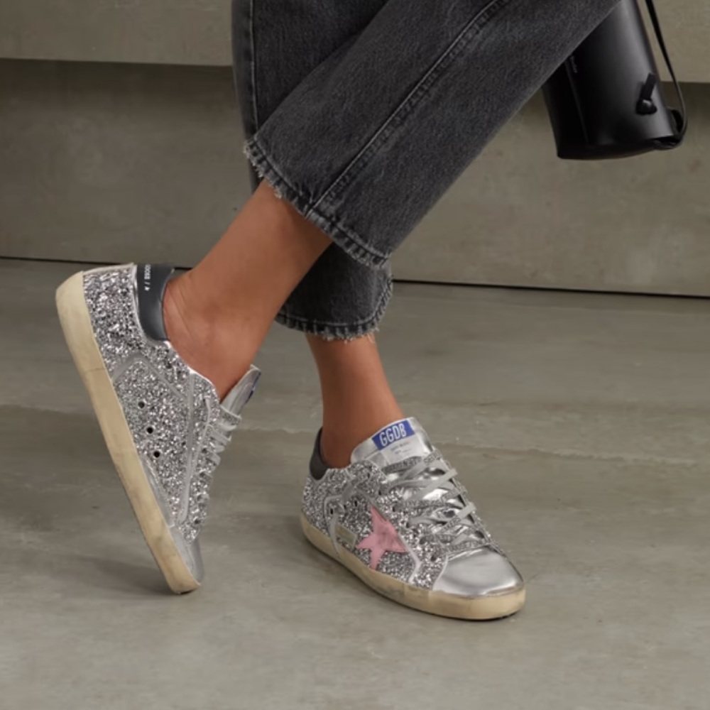 GOLDEN GOOSE Superstar silver glittered leather sneakers sz 38